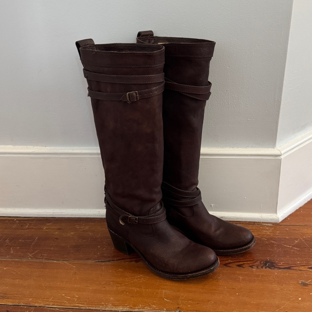 Frye Dark Brown Tall Leather Heeled Boots